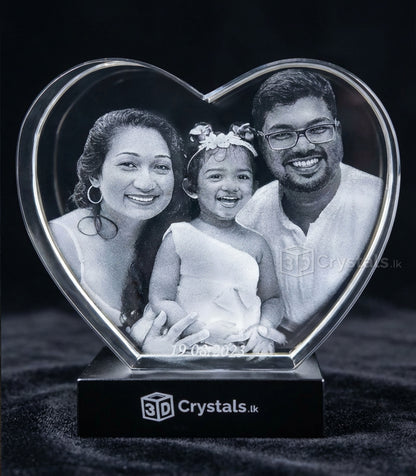 Happy Family in a 3D crystal Heart shape, Sri Lanka's Best 3D Gift shop , 3D crystal Craft , Family anniversary gift , Parents with a kid 3D crystal heart shape on a light base 